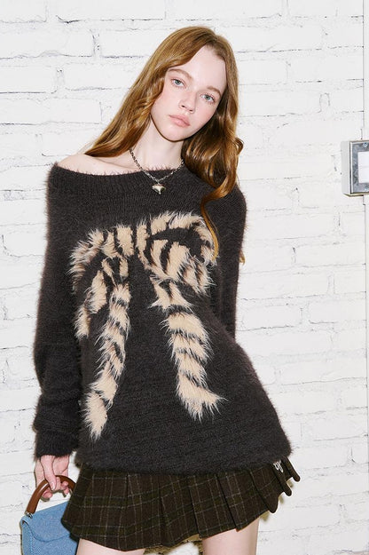 DIDDI MODA Butterfly Bow Knit Sweater With Faux Fur Trim