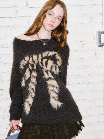 Butterfly Bow Knit Sweater With Faux Fur Trim