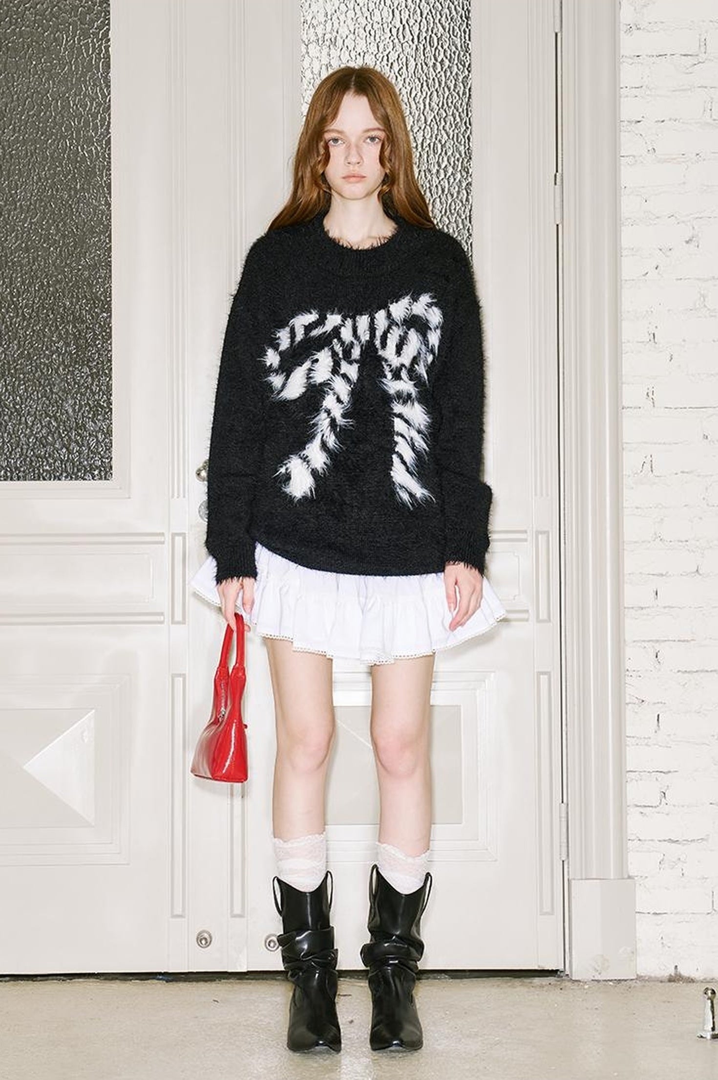 DIDDI MODA Butterfly Bow Knit Sweater With Faux Fur Trim