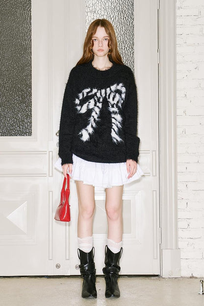 DIDDI MODA Butterfly Bow Knit Sweater With Faux Fur Trim