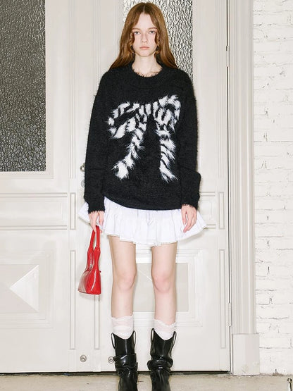 Butterfly Bow Knit Sweater With Faux Fur Trim