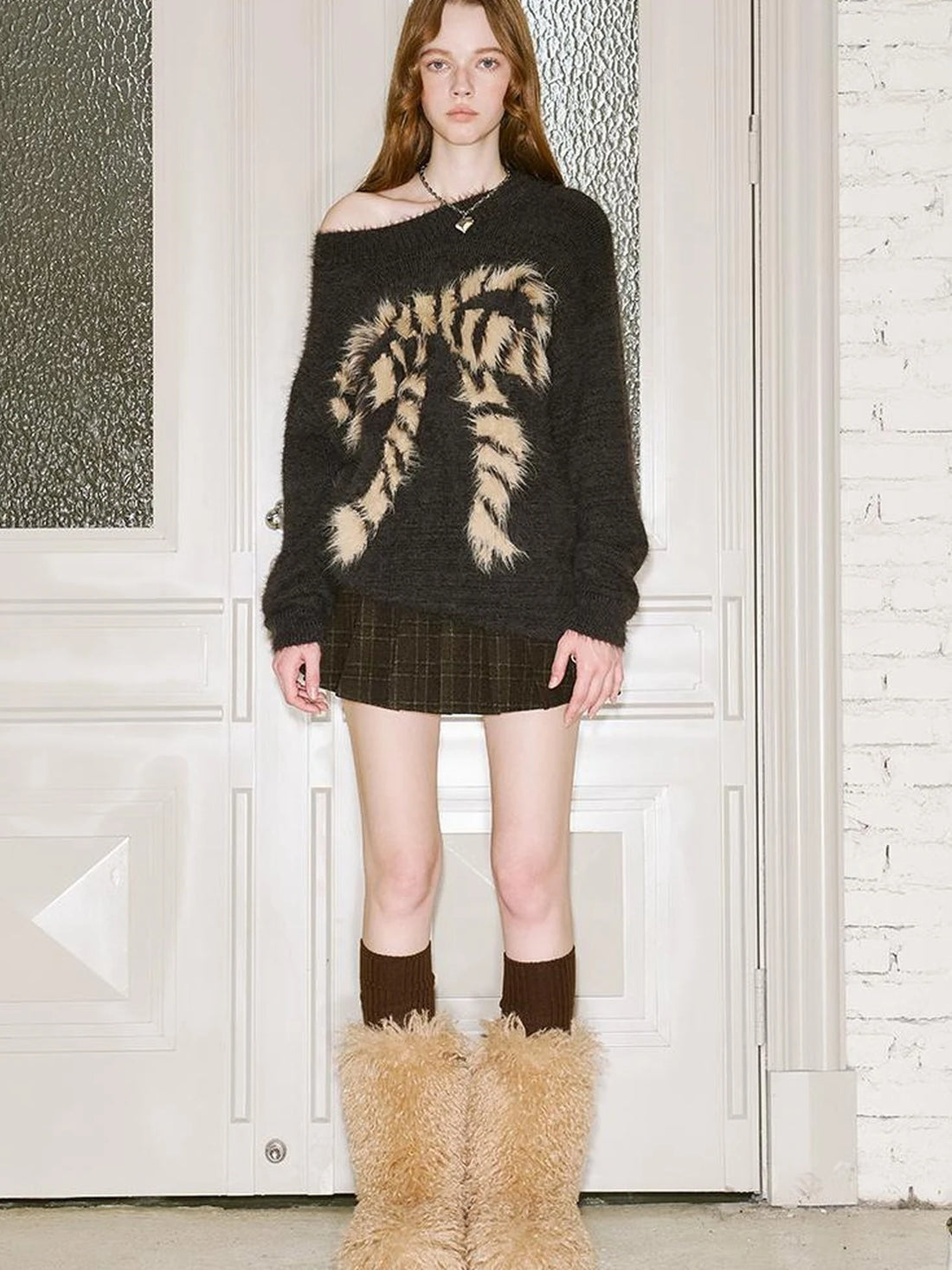Butterfly Bow Knit Sweater With Faux Fur Trim