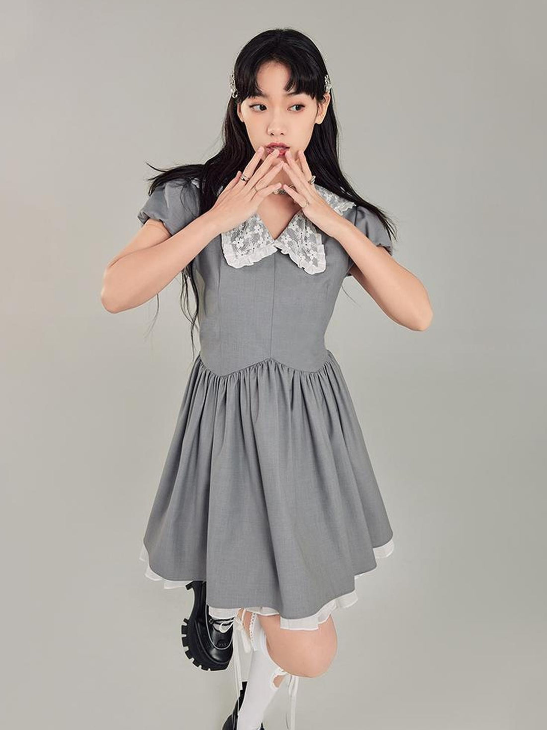 DIDDI MODA Butterfly Bow Waist Defining Gray Mini Dress