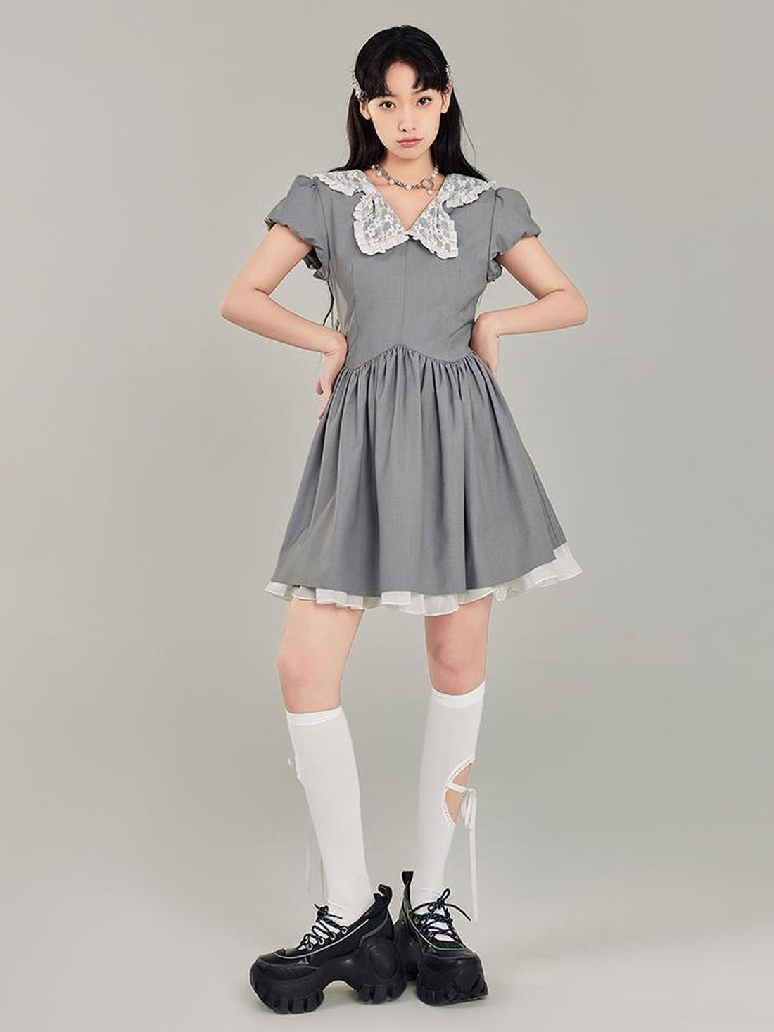 DIDDI MODA Butterfly Bow Waist Defining Gray Mini Dress