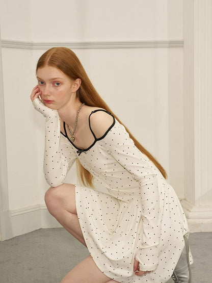 DIDDI MODA Butterfly Dot Colorblock Off Shoulder Knit Dress