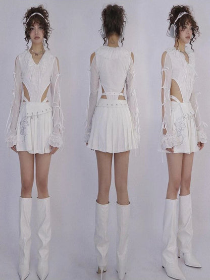 Butterfly Embroidered White Ballet Mini Skirt