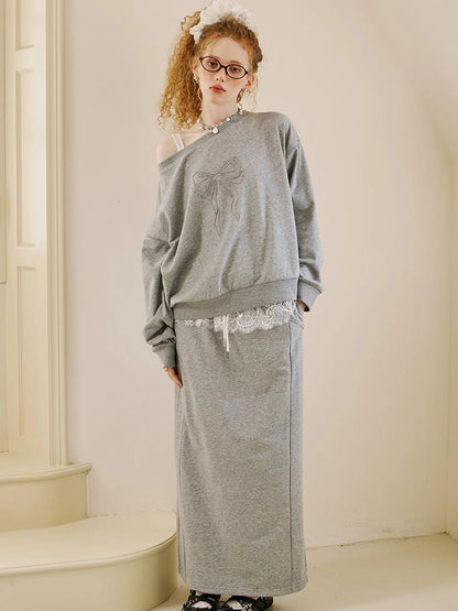 Butterfly Knot Off Shoulder Hoodie Split Hem Sport Skirt Set