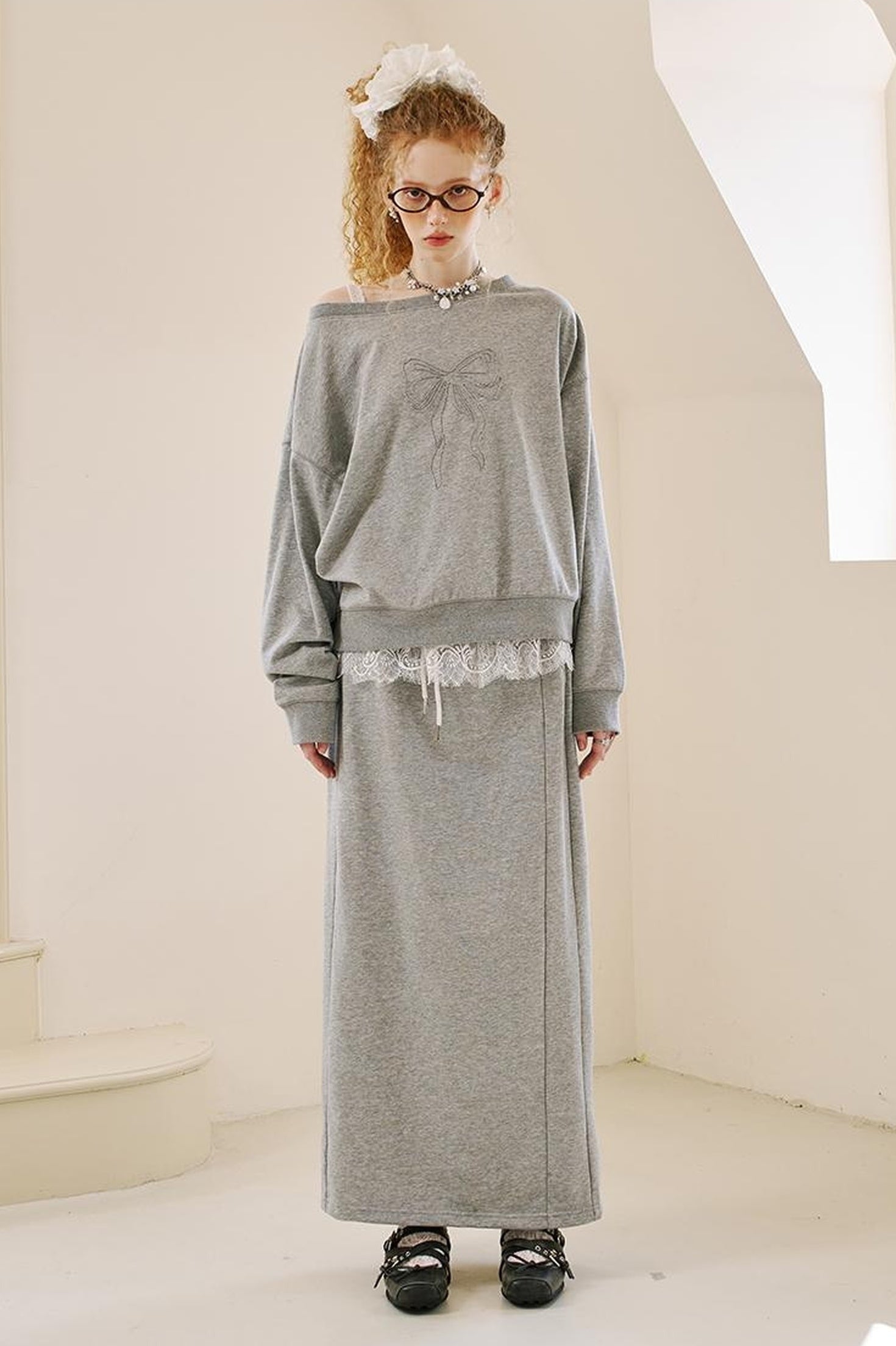 DIDDI MODA Butterfly Knot Off Shoulder Hoodie Split Hem Sport Skirt Set