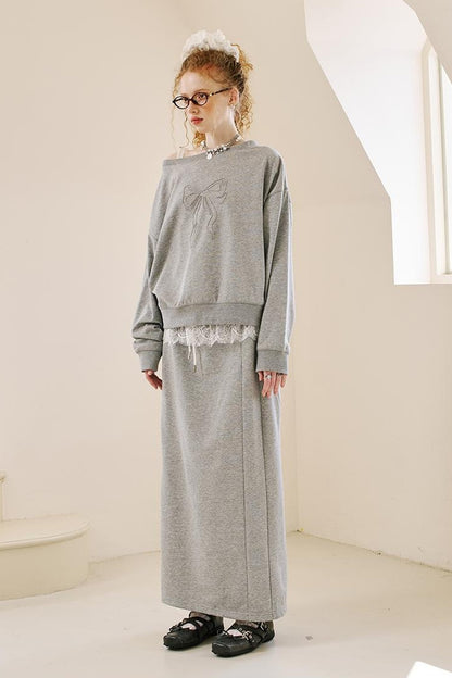 DIDDI MODA Butterfly Knot Off Shoulder Hoodie Split Hem Sport Skirt Set