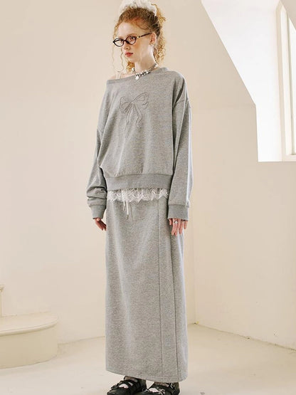 Butterfly Knot Off Shoulder Hoodie Split Hem Sport Skirt Set