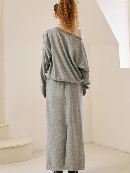 Butterfly Knot Off Shoulder Hoodie Split Hem Sport Skirt Set