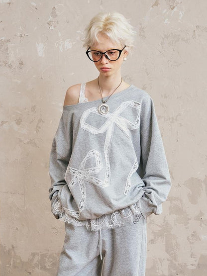 DIDDI MODA Butterfly Lace Cutout Oversized Sweatshirt