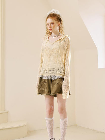 DIDDI MODA Butterfly Lace Hooded Knit Top Floral Mesh Skirt Set