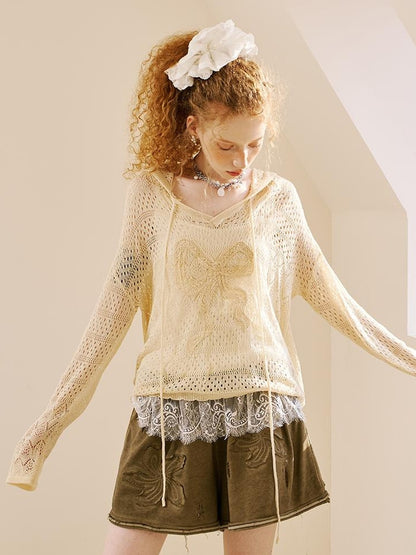 DIDDI MODA Butterfly Lace Hooded Knit Top Floral Mesh Skirt Set