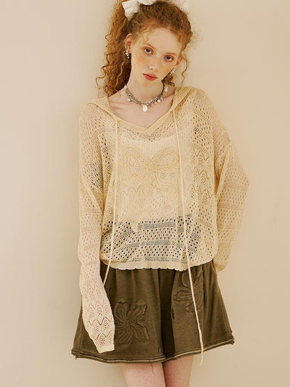 DIDDI MODA Butterfly Lace Hooded Knit Top Floral Mesh Skirt Set