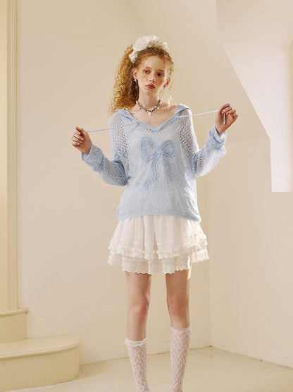 DIDDI MODA Butterfly Lace Hooded Knit Top Floral Mesh Skirt Set