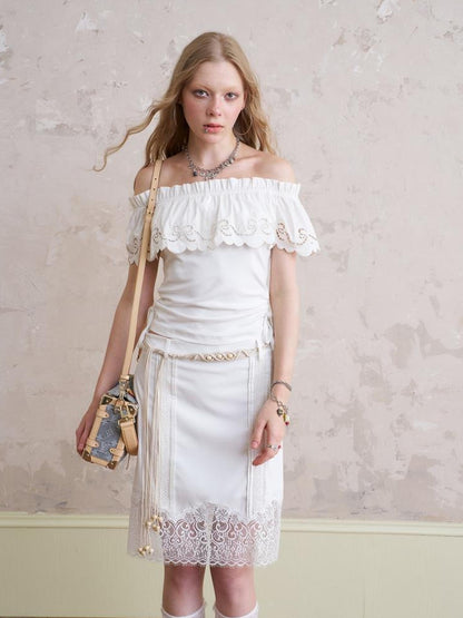 DIDDI MODA Butterfly Lace Wave Hem Crop Top