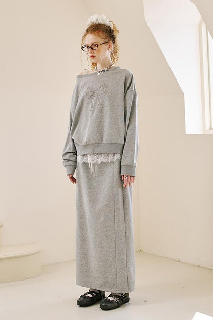 DIDDI MODA Butterfly Off Shoulder Split Hem Hoodie Jogger Skirt Set