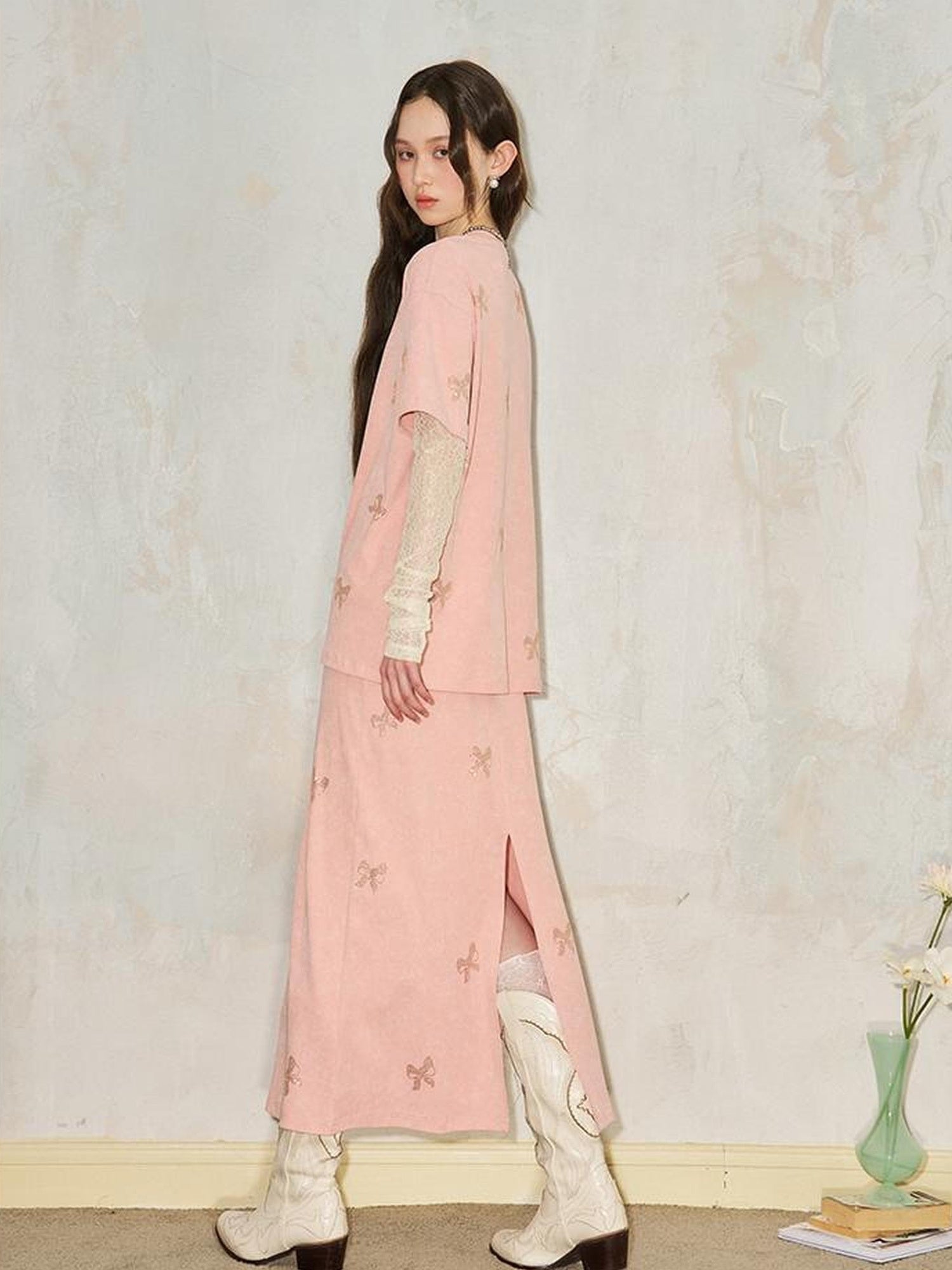 DIDDI MODA Butterfly Print Cotton Tee Slit Skirt Set