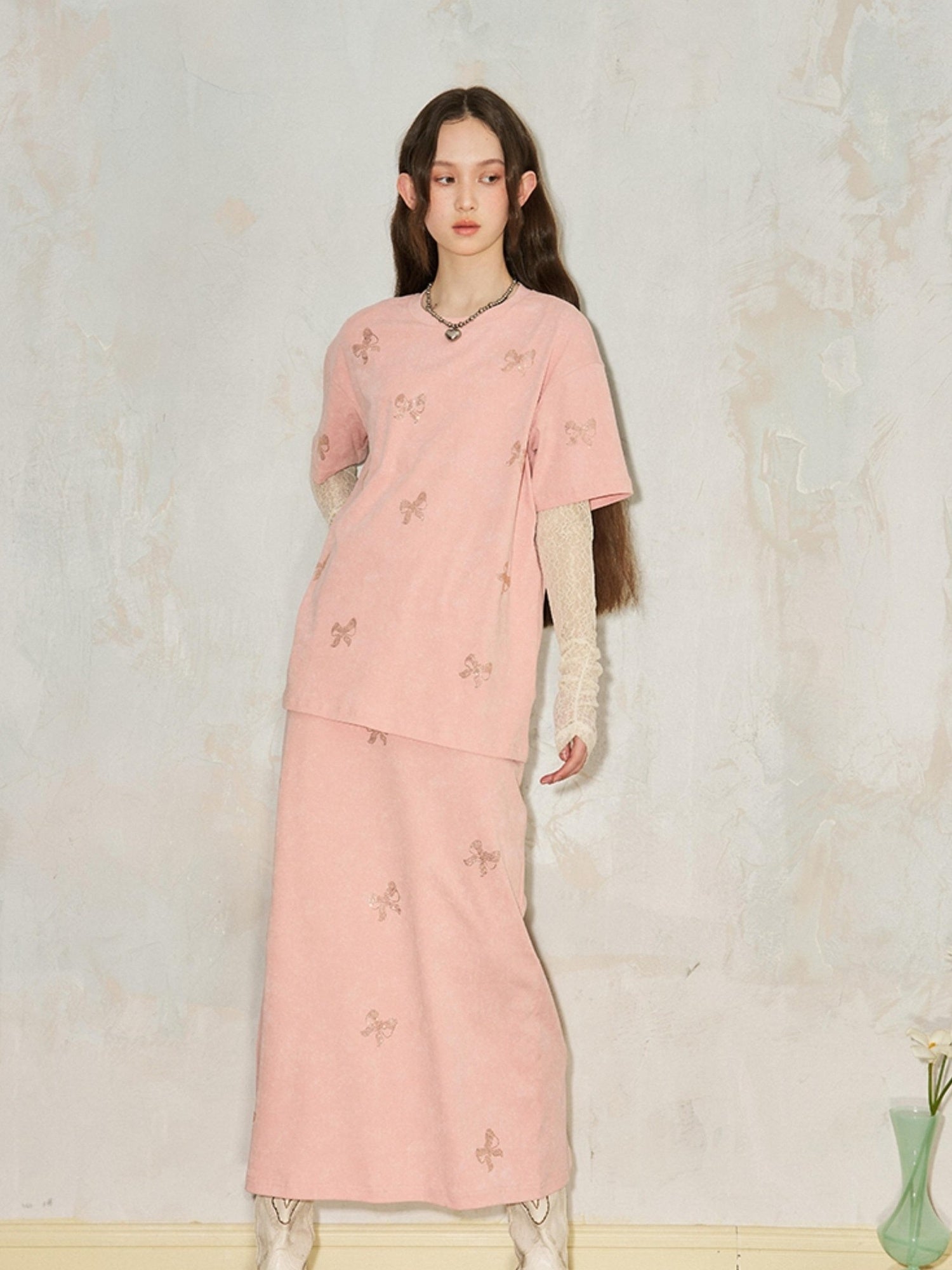 DIDDI MODA Butterfly Print Cotton Tee Slit Skirt Set