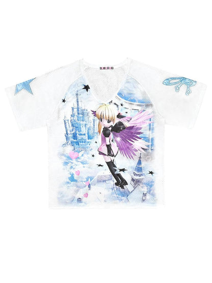 Angel Graphic Relaxed Tee V Neck T Shirt Long Sleeve