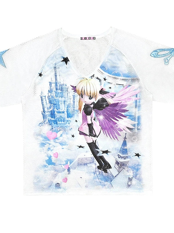 Angel Graphic Relaxed Tee V Neck T Shirt Long Sleeve