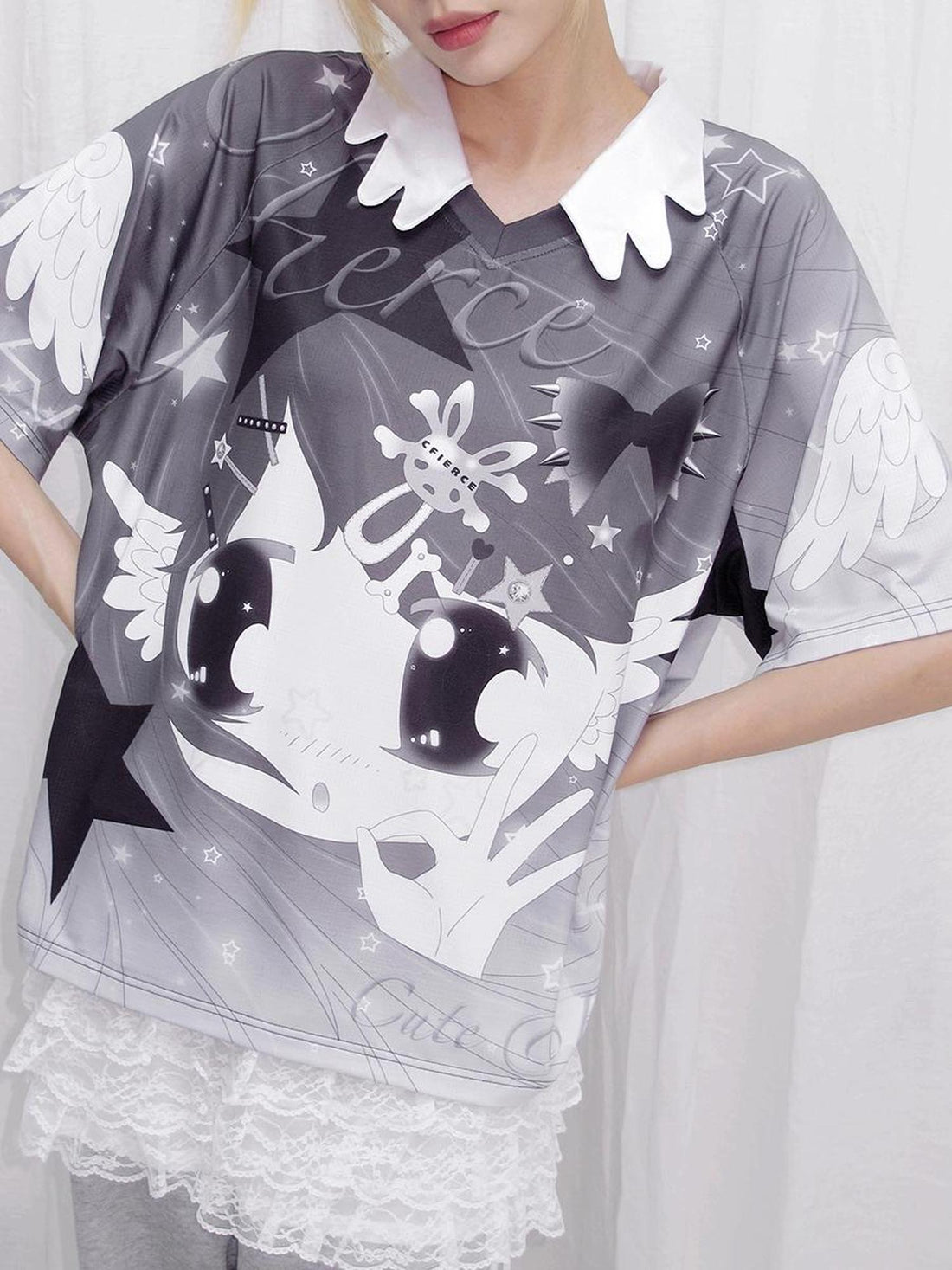 CFIERCE Angel Print Raglan Tee V Neck T Shirt Long Sleeve