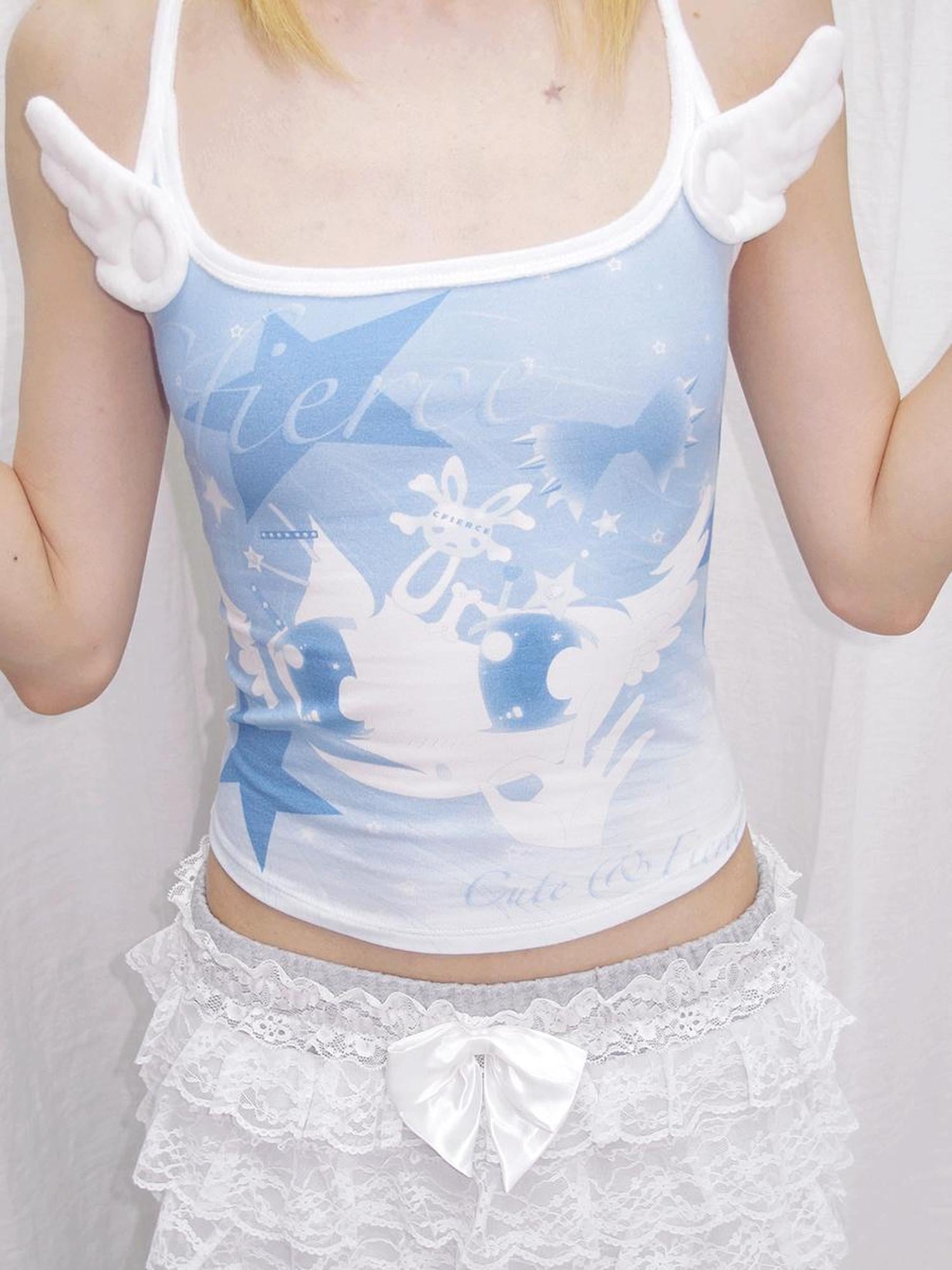 CFIERCE Angel Printed Camisole V Neck T Shirt Long Sleeve