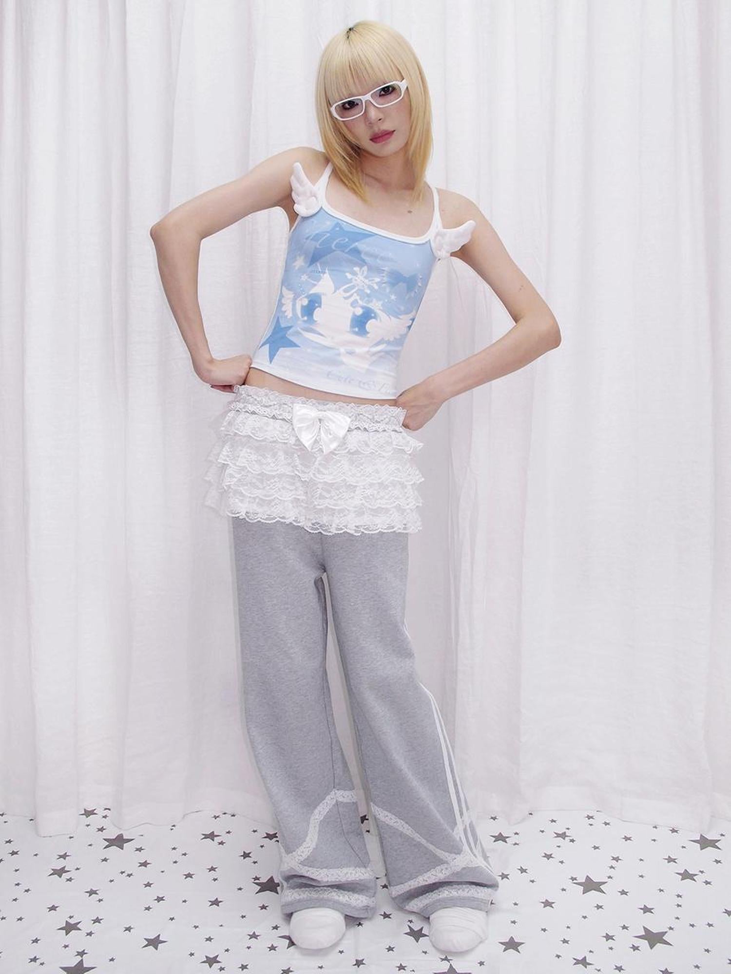 CFIERCE Angel Printed Camisole V Neck T Shirt Long Sleeve
