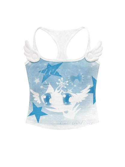 CFIERCE Angel Printed Camisole V Neck T Shirt Long Sleeve