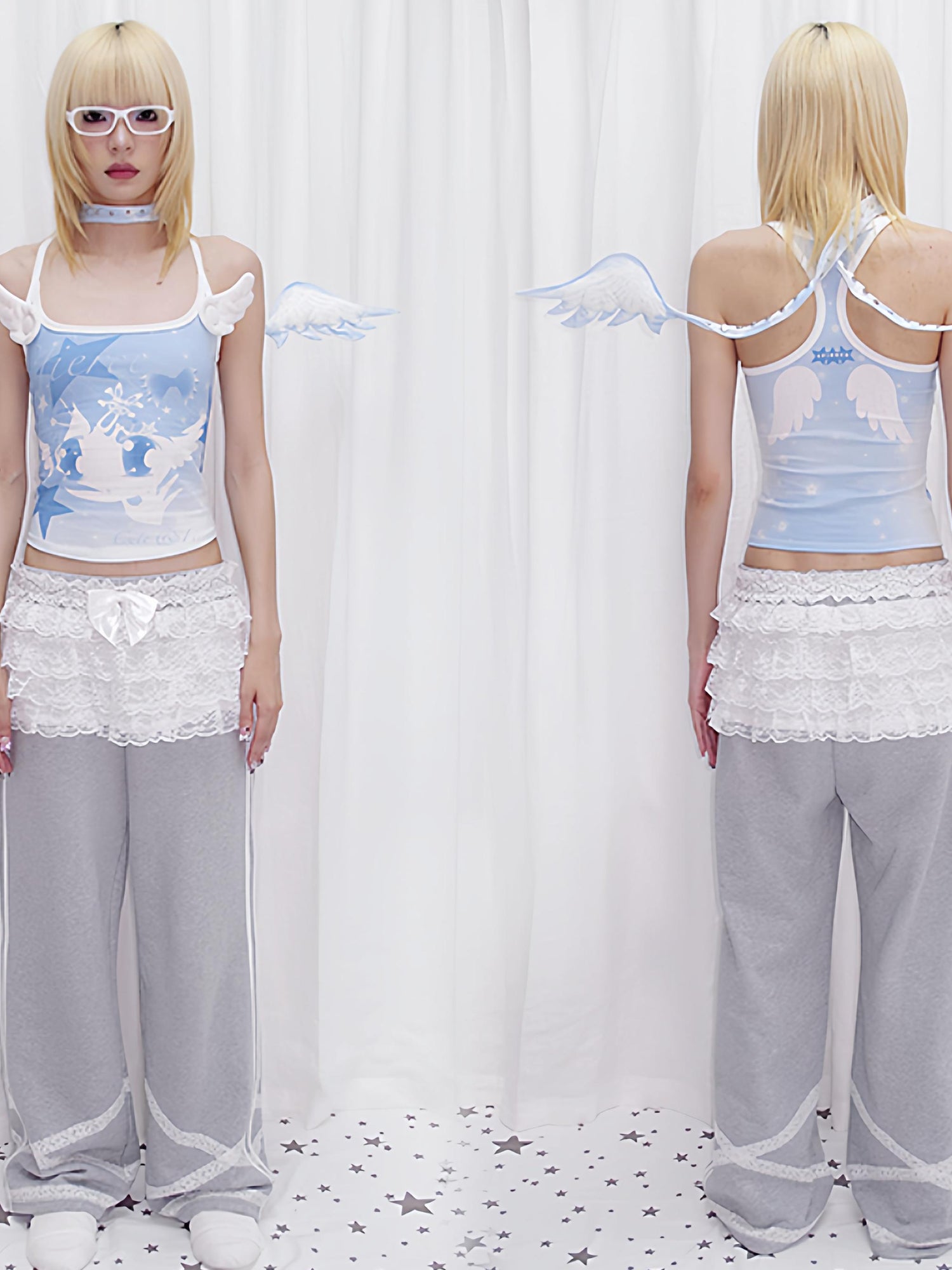 CFIERCE Angel Printed Camisole V Neck T Shirt Long Sleeve