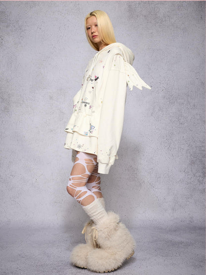 CFIERCE Angel Wings Sticker Print Long Sleeve Faux Two Piece Women&