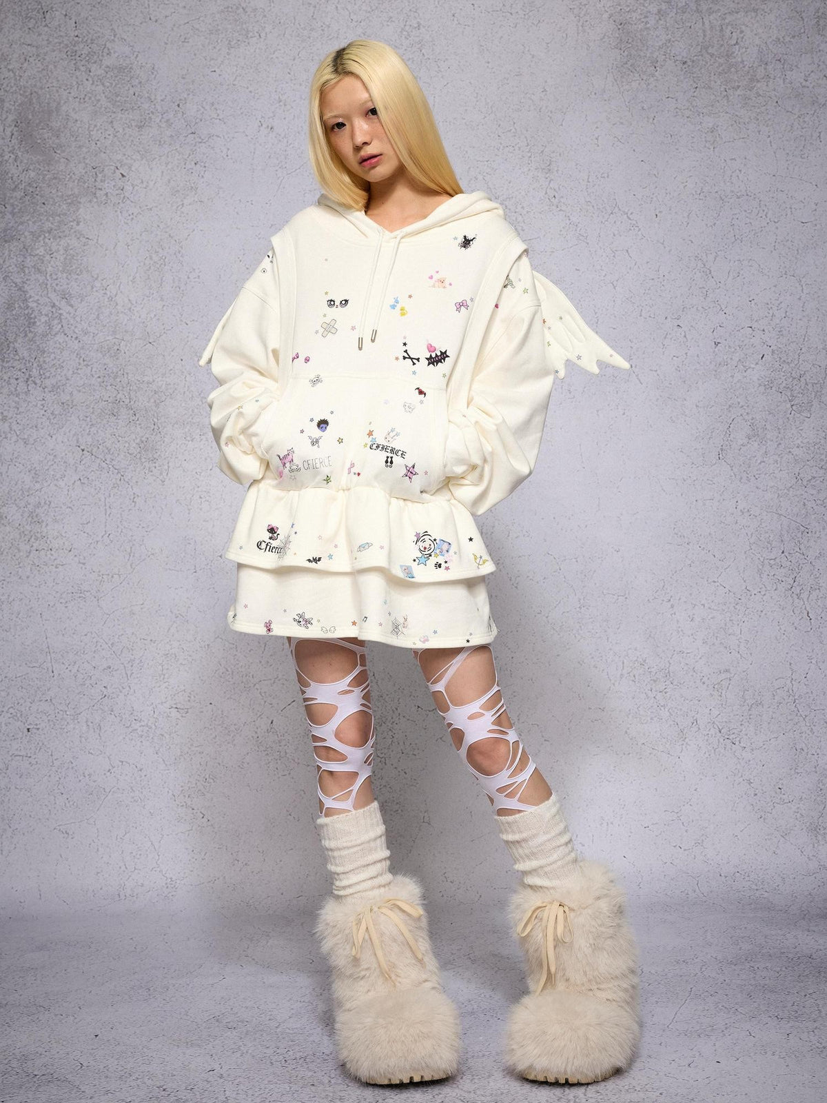 CFIERCE Angel Wings Sticker Print Long Sleeve Faux Two Piece Women&