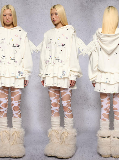 CFIERCE Angel Wings Sticker Print Long Sleeve Faux Two Piece Women&
