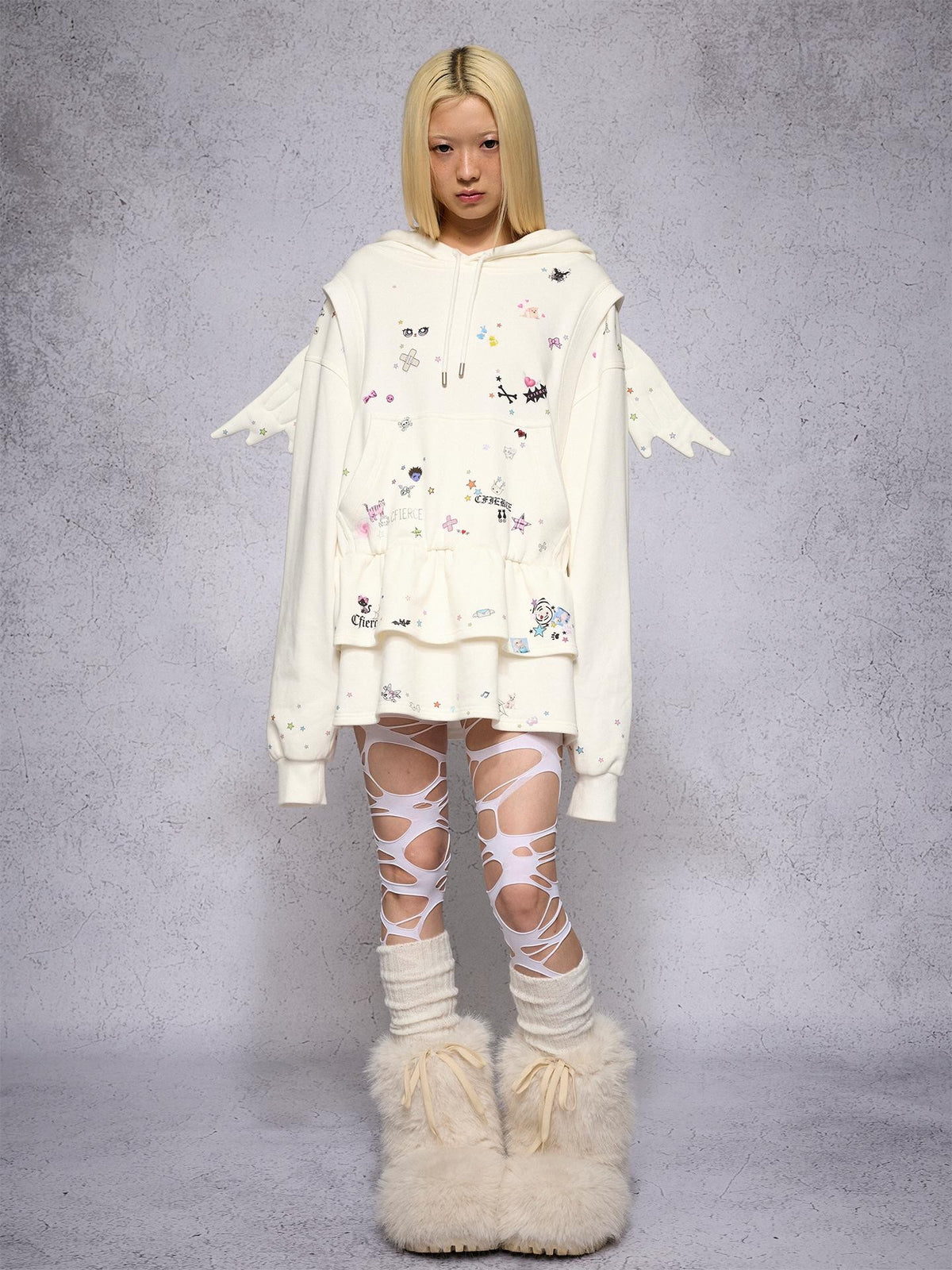 CFIERCE Angel Wings Sticker Print Long Sleeve Faux Two Piece Women&