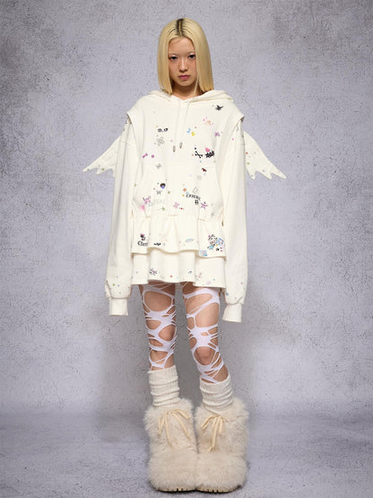 CFIERCE Angel Wings Sticker Print Long Sleeve Faux Two Piece Women&