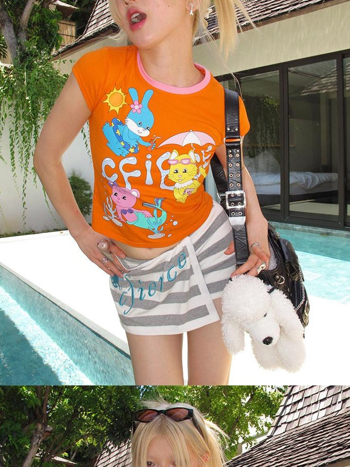 CFIERCE Animal Pool Party Print Slim Short Sleeve Women&