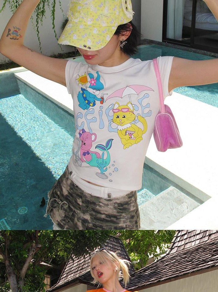 CFIERCE Animal Pool Party Print Slim Short Sleeve Women&