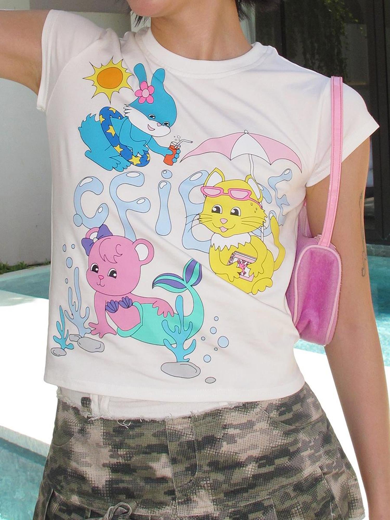 CFIERCE Animal Pool Party Print Tee V Neck T Shirt Long Sleeve