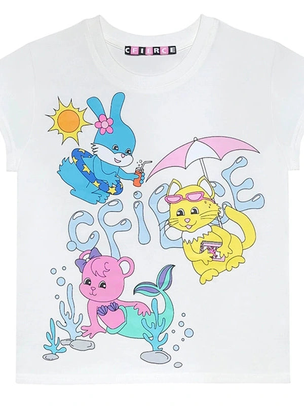 Animal Pool Party Print Tee V Neck T Shirt Long Sleeve