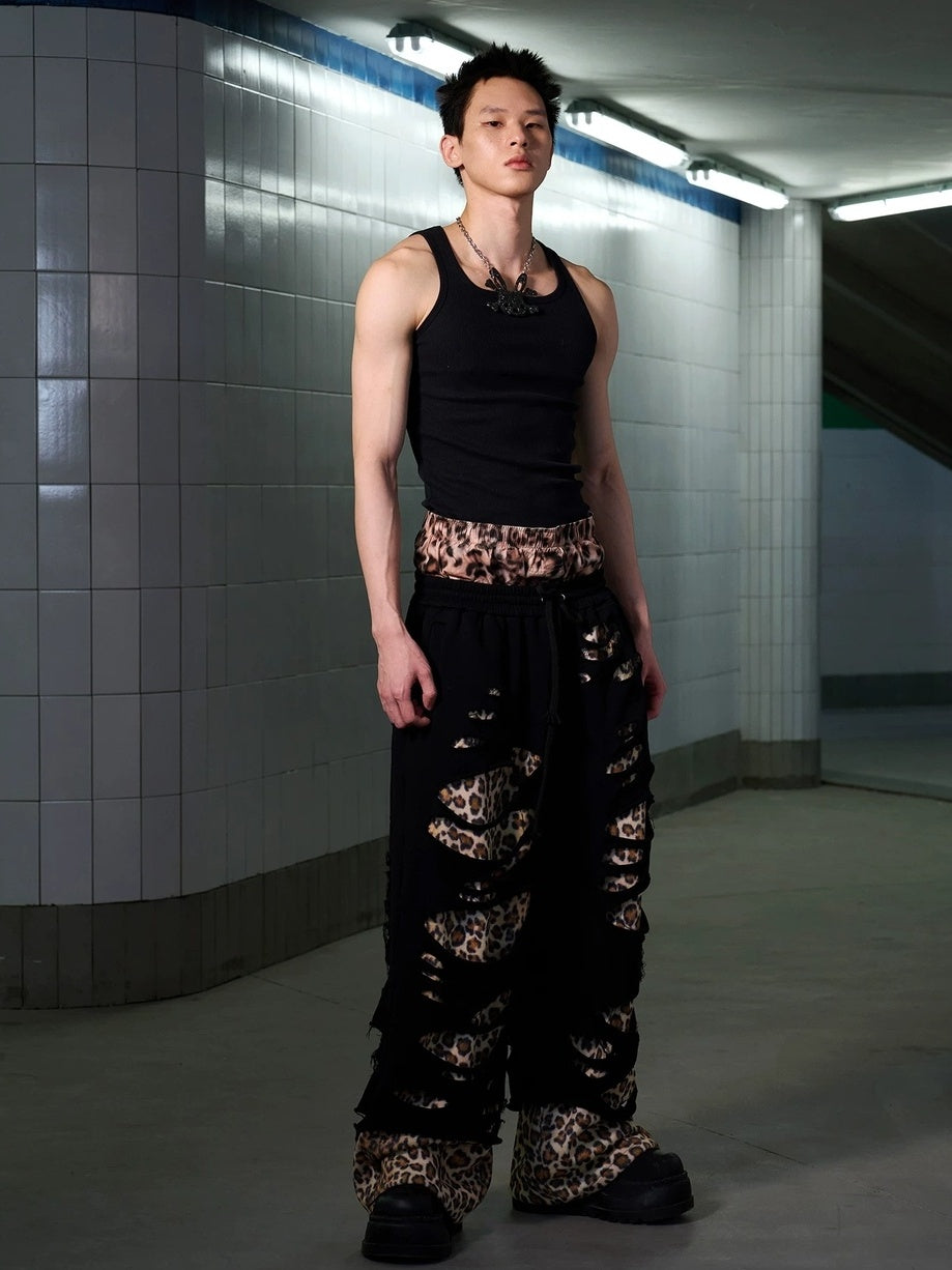 CFIERCE Asymmetrical Leopard Street Loose Straight Leg Women Cotton Blend Pants