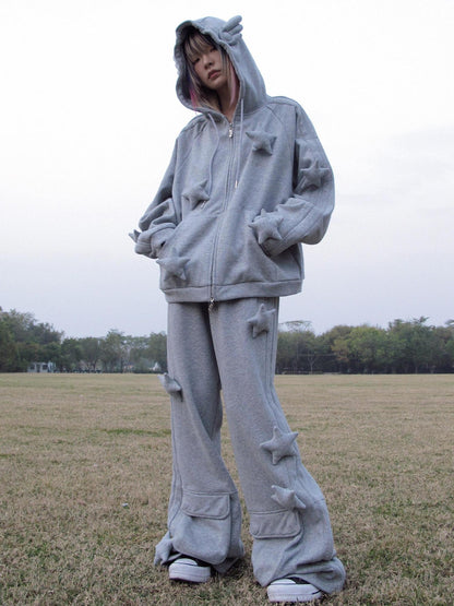 CFIERCE Asymmetrical Street Loose Straight Women Natural Waist Gray Cotton Blend Pants