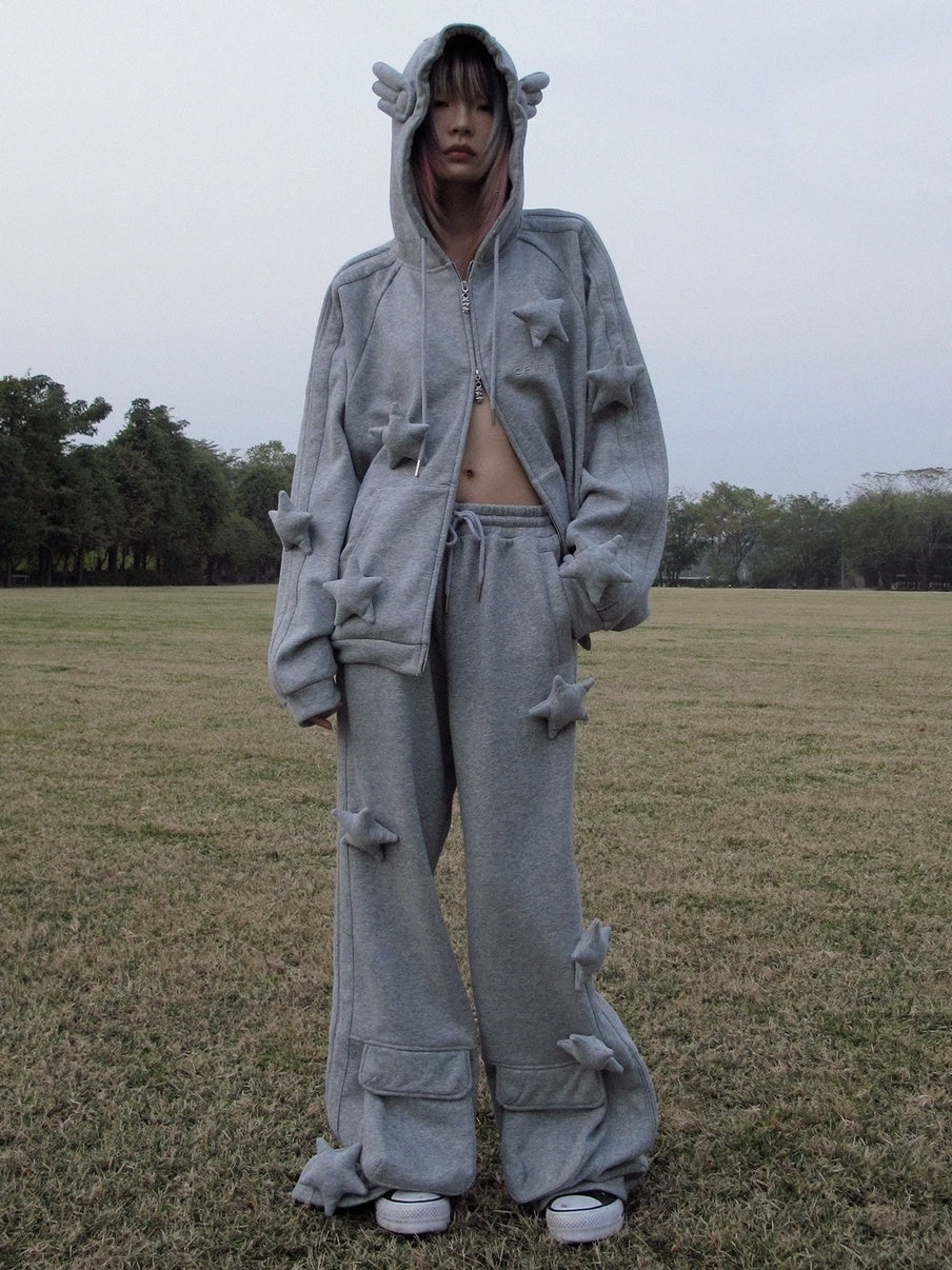 CFIERCE Asymmetrical Street Loose Straight Women Natural Waist Gray Cotton Blend Pants