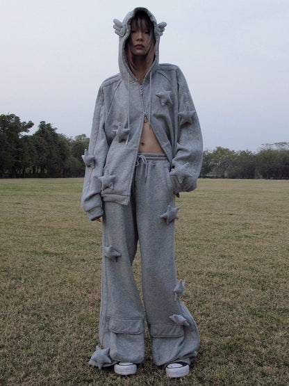CFIERCE Asymmetrical Street Loose Straight Women Natural Waist Gray Cotton Blend Pants