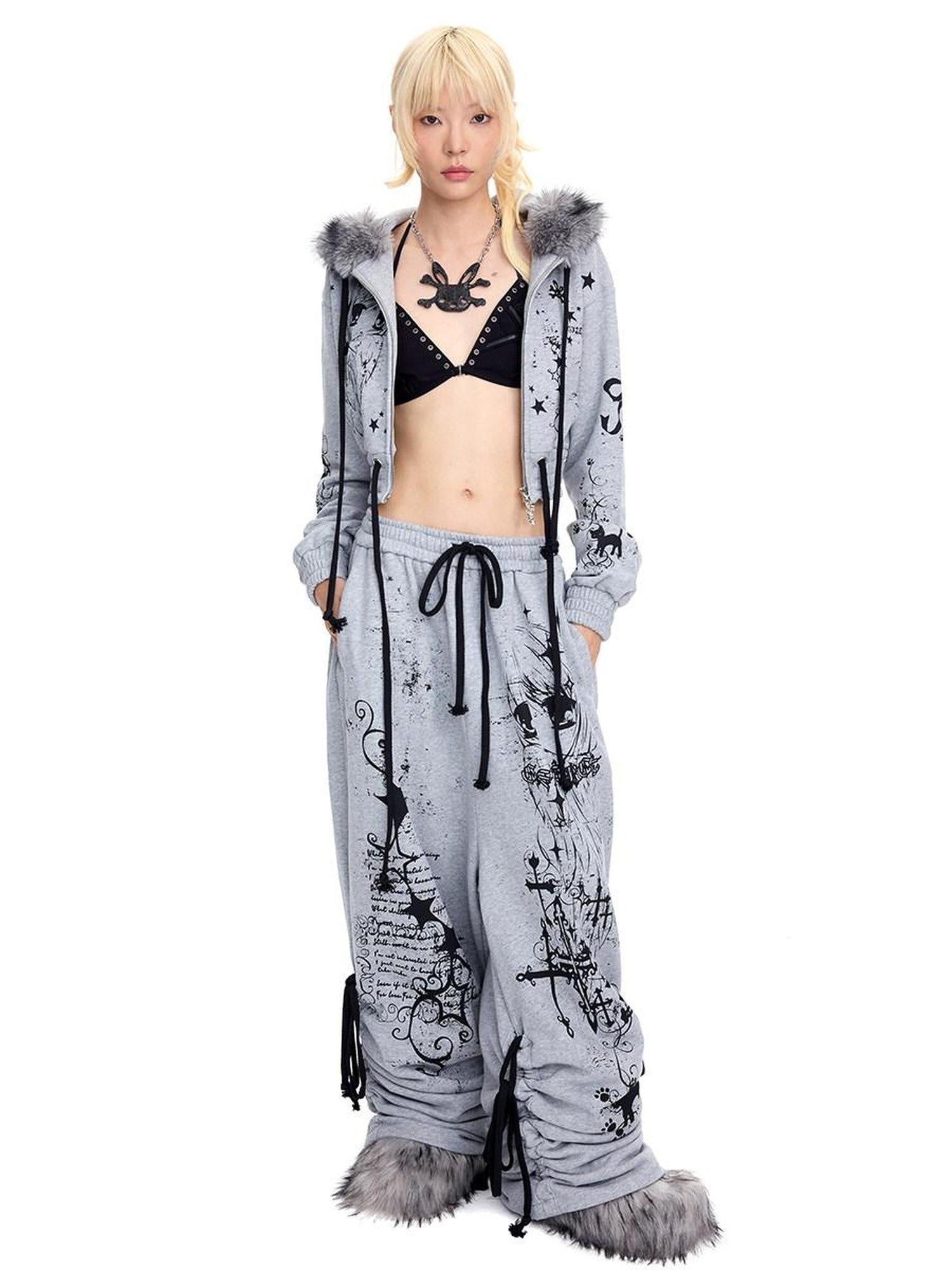 CFIERCE Asymmetrical Street Wide Leg Loose Natural Waist Cotton Gray Pants