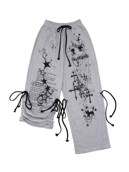 CFIERCE Asymmetrical Street Wide Leg Loose Natural Waist Cotton Gray Pants