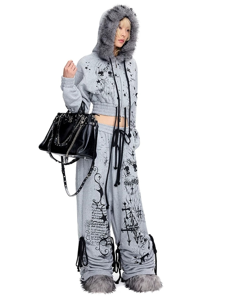 CFIERCE Asymmetrical Street Wide Leg Loose Natural Waist Cotton Gray Pants