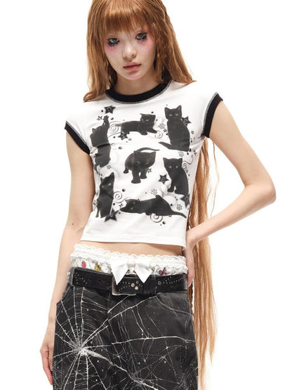 CFIERCE Black Cat Print Cotton T Shirt