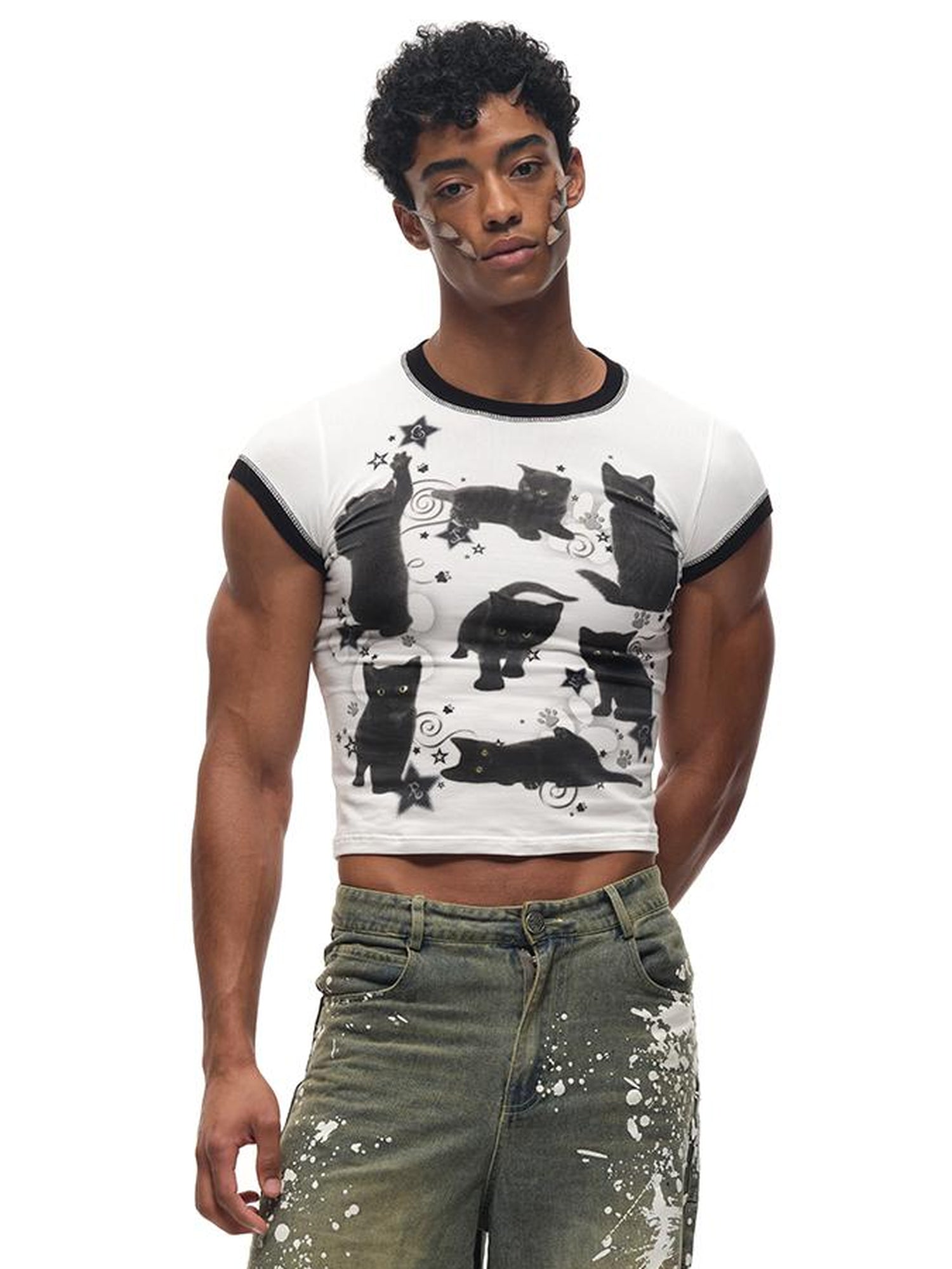 CFIERCE Black Cat Print Cotton T Shirt