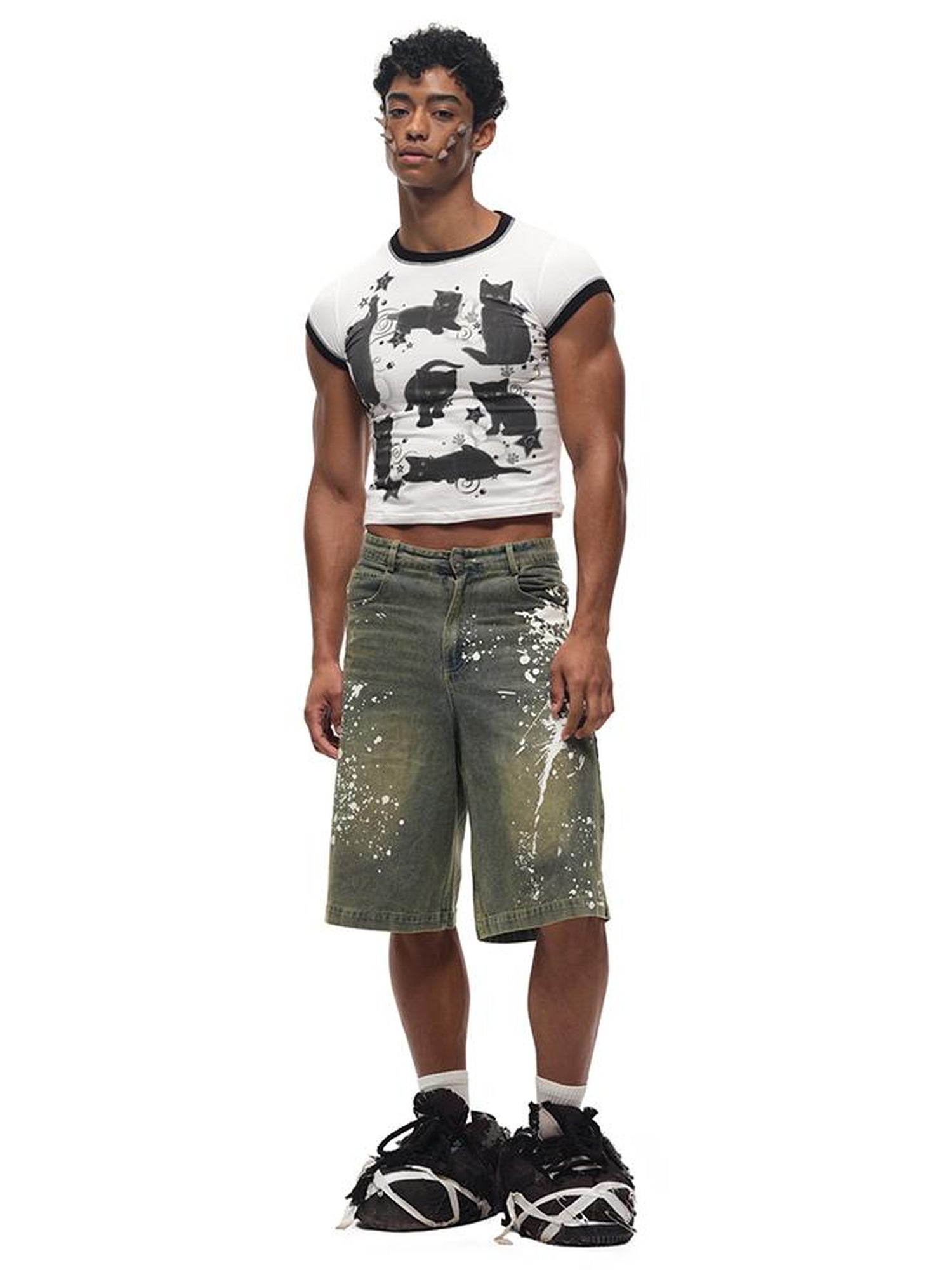 CFIERCE Black Cat Print Cotton T Shirt
